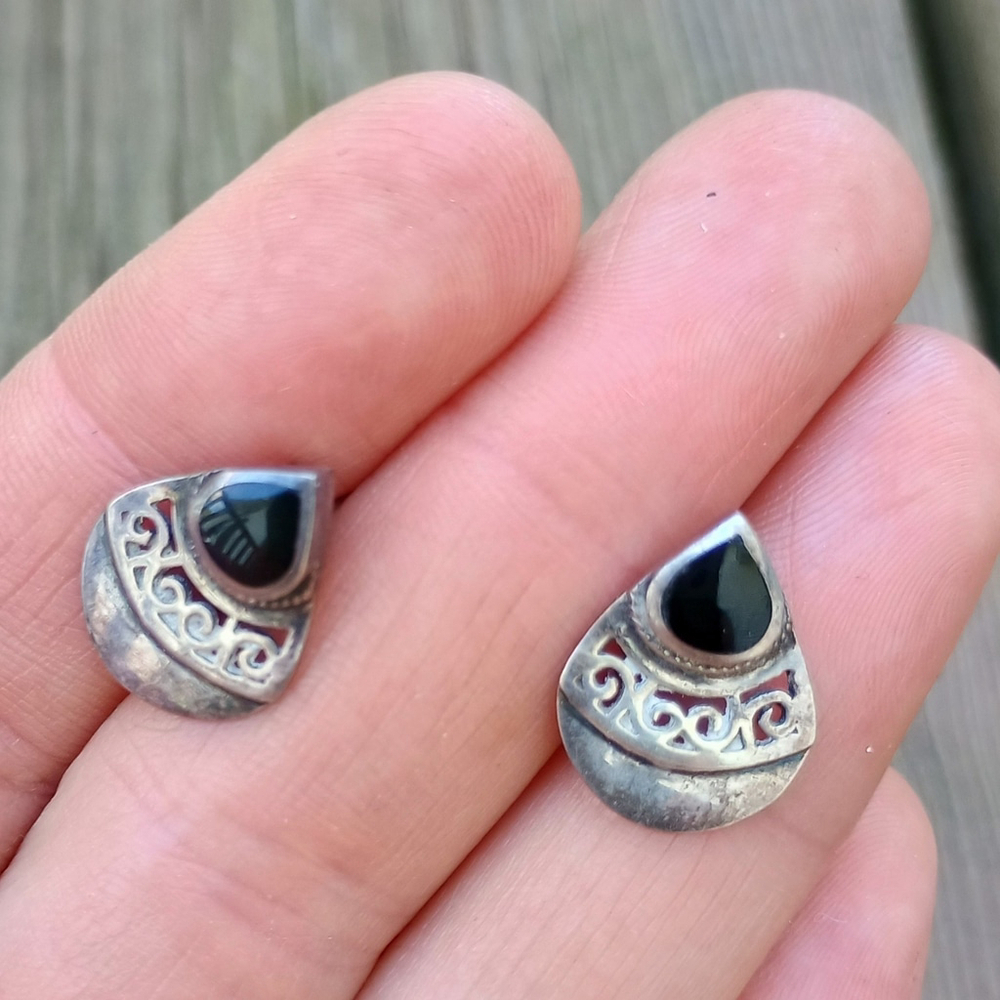 Vintage Signed BCMA Mexico 925 Sterling Silver Black Onyx Earrings